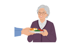 Elderly woman joyfully receiving a plate of food in a flat v Product Image 1