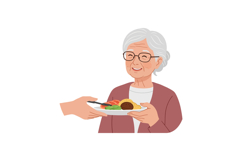 Elderly woman smiling while receiving a plate of food in a f Product Image 1
