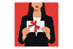 A woman in a black suit holding a gift-wrapped envelope with Product Image 1