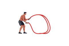 Strong man exercising with red battle ropes in dynamic flat Product Image 1