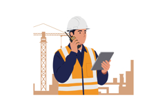 Construction worker in safety gear using tablet and radio on Product Image 1