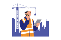 Construction worker in safety gear using tablet while commun Product Image 1
