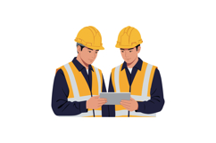 Two construction workers collaborating with a tablet in a fl Product Image 1