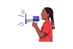 Young girl passionately speaking into a megaphone in a flat Product Image 1