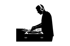 DJ silhouette focused on mixing tracks at a turntable in min Product Image 1