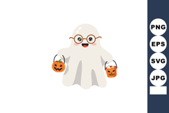 Cute Halloween ghost character wearing glasses holding pumpk Product Image 1