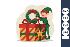 Christmas elf decorating large gift box with festive wreath Product Image 1
