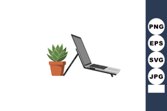 Laptop on stand next to green succulent plant in orange pot Product Image 1