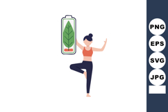 Woman practicing yoga with green leaf battery symbol represe Product Image 1