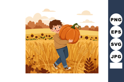 Boy carrying large pumpkin in golden autumn wheat field with Product Image 1