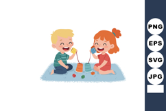 Two happy children playing with tin can telephone toy commun Product Image 1