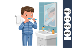 Boy brushing teeth in blue striped pajamas standing at bathr Product Image 1