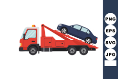 Tow truck carrying blue car on flatbed vehicle for roadside Product Image 1