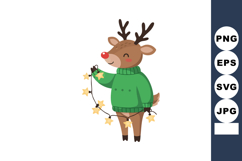 Cute reindeer wearing green sweater holding star lights fest Product Image 1