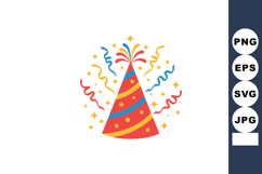 Red party hat with blue and yellow stripes and festive confe Product Image 1