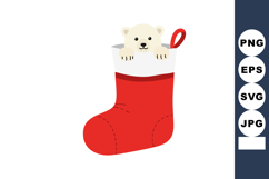Cute white polar bear cub peeking from red Christmas stockin Product Image 1