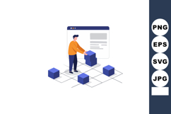 Man arranging blue cubes in grid with web browser interface Product Image 1