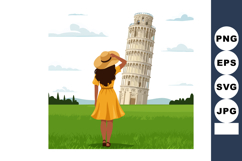 Woman in yellow dress and hat admiring Leaning Tower of Pisa Product Image 1
