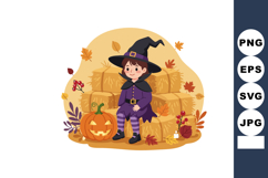 Cute little witch sitting on hay with jack-o-lantern pumpkin Product Image 1