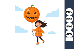 Girl holding large pumpkin balloon with jack-o-lantern face Product Image 1