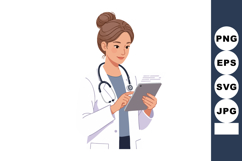 Female doctor holding tablet wearing white coat and stethosc Product Image 1