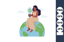 Woman holding small plant sitting on globe earth environment Product Image 1