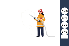 Firefighter woman holding hose in orange uniform and red hel Product Image 1