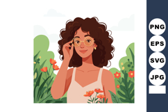 Woman with curly hair wearing glasses holding flowers in gar Product Image 1