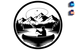 Fly Fishing Canoe Silhouette Vintage Angler Lake Scene Product Image 1