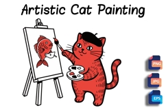 Artistic Cat Painting Fish Self-Portrait - Beret &amp; Brush Product Image 1