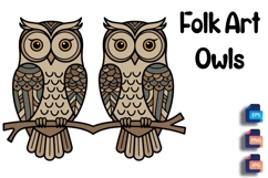 Eastern European Folk Art Owls - Symmetrical Perched Design Product Image 1