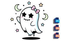 Cute Pastel Ghost with Bow - Spooky Stars &amp; Moons Product Image 1