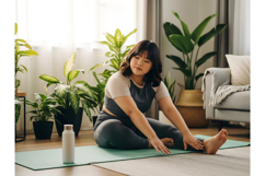 Focused Asian Woman Stretching - Cozy Home Yoga Product Image 1