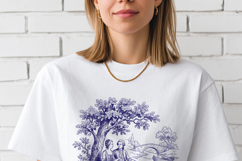 Editable Toile De Jouy vector artwork for sublimation showing elegant vintage lovers under large tree near water.