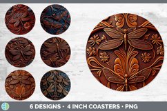 Bundle of six Embossed Leather Dragonflies Round Coaster designs.