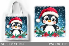 Cute Penguin Tote Bag Design. Christmas Tote Bag Sublimation Product Image 1