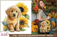 Golden Retriever watercolor puppy sunflower sublimation png Product Image 2