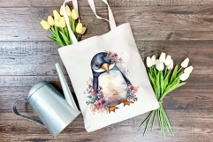 Cute Penguin and Flowers Watercolor PNG for Sublimation Product Image 4