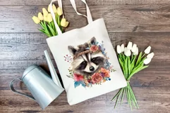 Cute Raccoon with Flowers Watercolor PNG for Sublimation Product Image 4