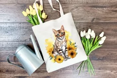 Bengal Cat and Sunflowers Watercolor Clipart PNG Sublimation Product Image 3