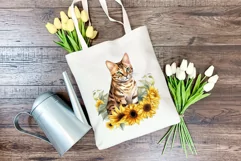 Bengal Cat and Sunflowers Watercolor Clipart PNG Sublimation Product Image 3