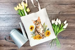 Bengal Cat and Sunflowers Watercolor Clipart PNG Sublimation Product Image 3