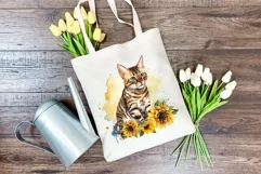Bengal Cat and Sunflowers Watercolor Clipart PNG Sublimation Product Image 3