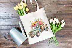 Vintage Truck and Spring Flowers Watercolor PNG Sublimation Product Image 4