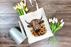 Highland Cow with Sunflowers Watercolor PNG for Sublimation Product Image 4