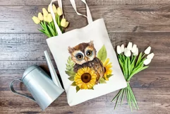 Cute Baby Owl and Sunflowers Watercolor PNG for Sublimation Product Image 3