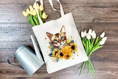 Bengal Cat and Sunflowers Watercolor Clipart PNG Sublimation Product Image 3
