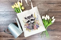 Cute Raccoon with Flowers Watercolor PNG for Sublimation Product Image 4