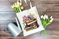 Vintage Books and Flowers Watercolor PNG for Sublimation Product Image 4