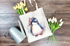 Cute Penguin and Flowers Watercolor PNG for Sublimation Product Image 4